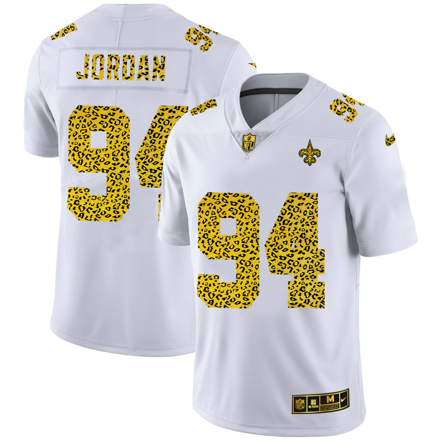 Custom New Orleans Saints 94 Cameron Jordan Men Nike Flocked Leopard Print Vapor Limited NFL Jersey White
